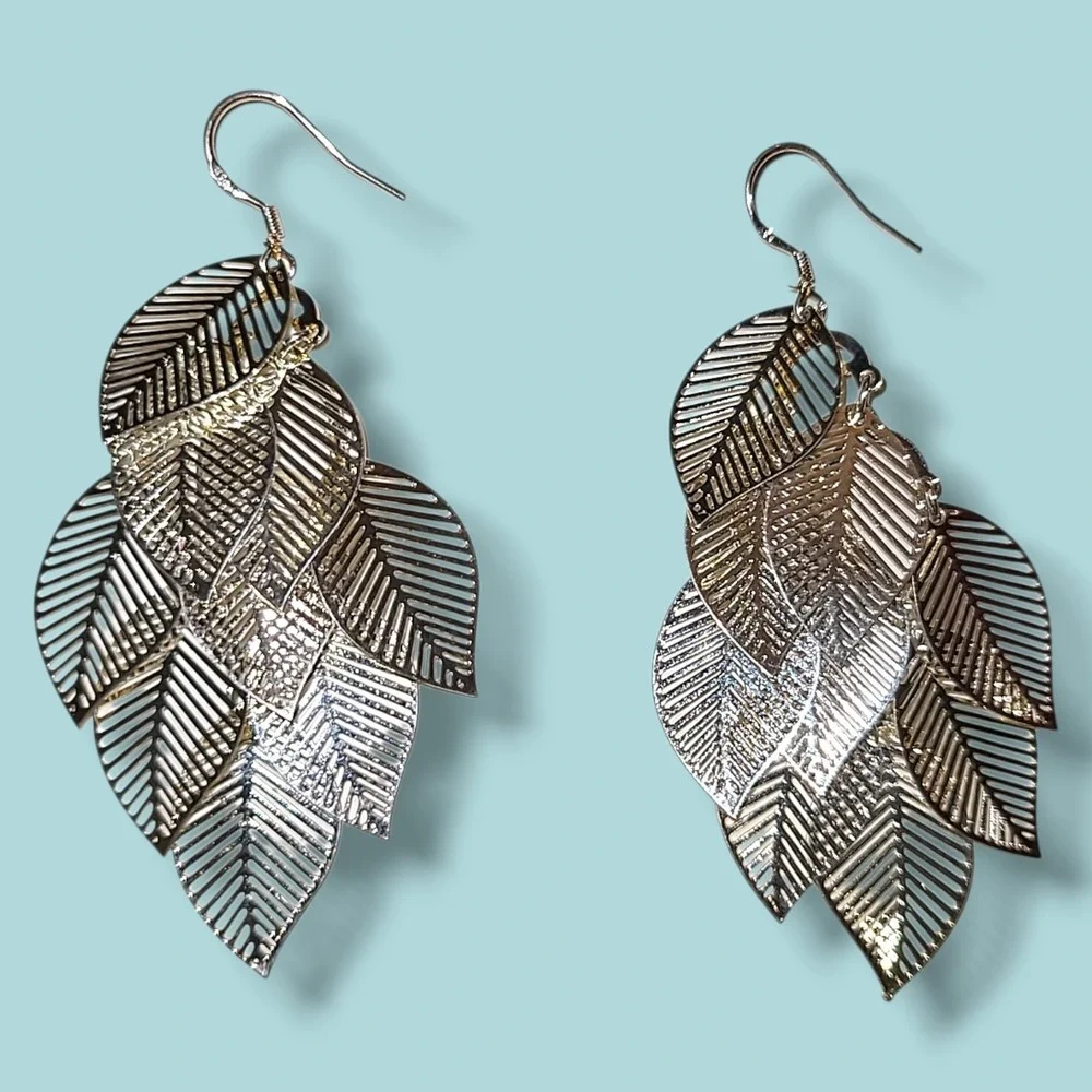 Silver‎ Tone Leaf Chandelier Dangle Earrings 925 Hooks Statement Boho